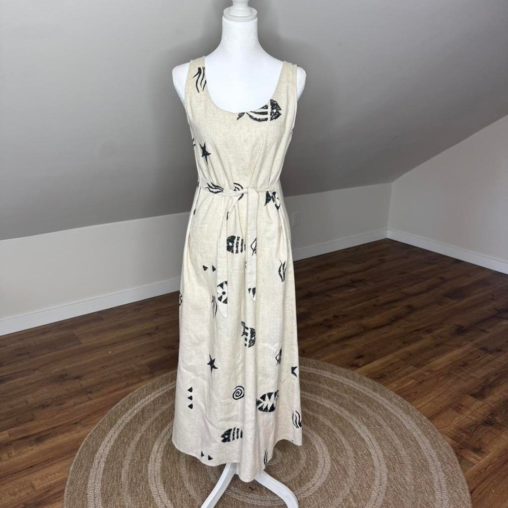 Connie Choi Vintage Linen Blend Nautical Fish Print Maxi Dress Beige Small 70645
